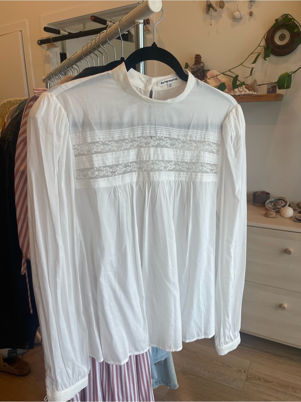 Reformation White Lace-Panel Long Sleeve Blouse